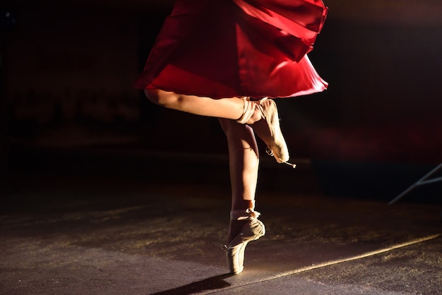 La ballerine montre des jambes et des pointes.