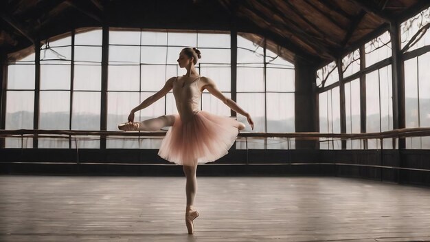 Une ballerine posant dans des chaussures à pointe dans un pavillon en bois noir