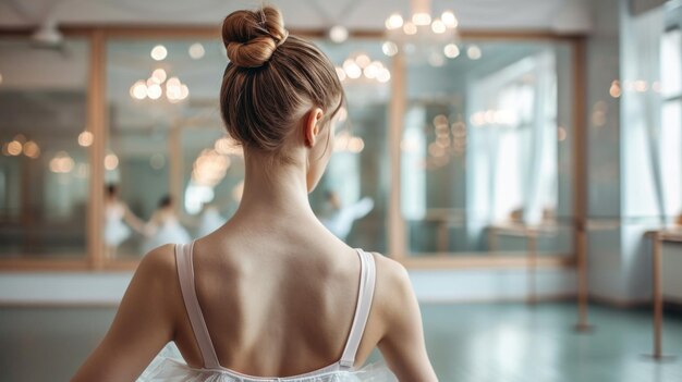 Ballerine s'entraînant dans un studio de danse face à un miroir reflétant la salle de danse éclairage doux et élégant capturant l'art du ballet