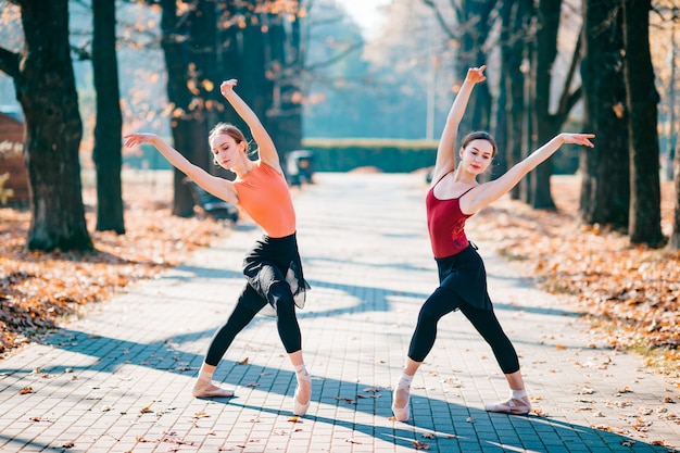 Ballerines femmes dansant, posant et trowing des feuilles dans le parc automne