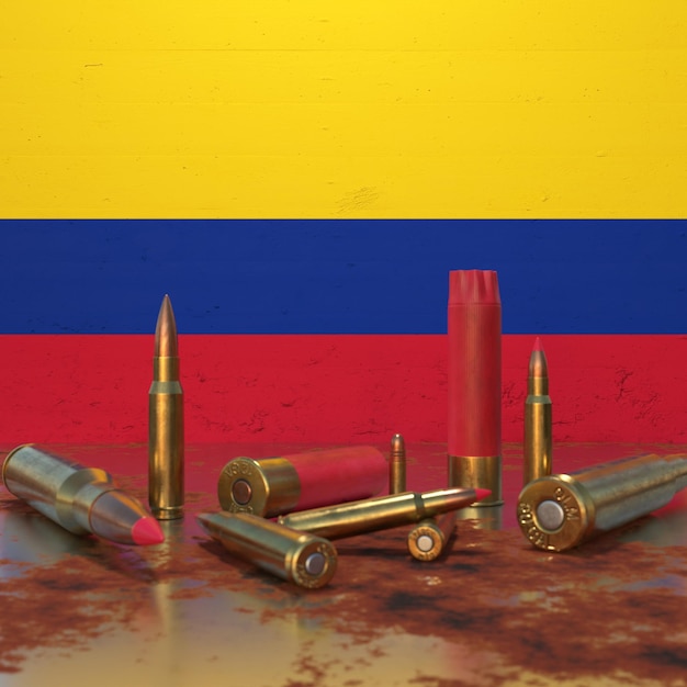 Des balles devant le drapeau colombien