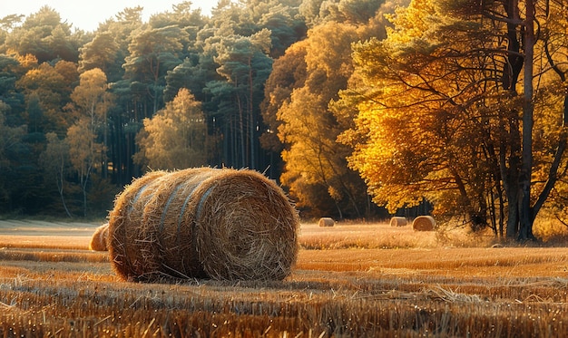 Des balles de foin dans le champ et des arbres en arrière-plan