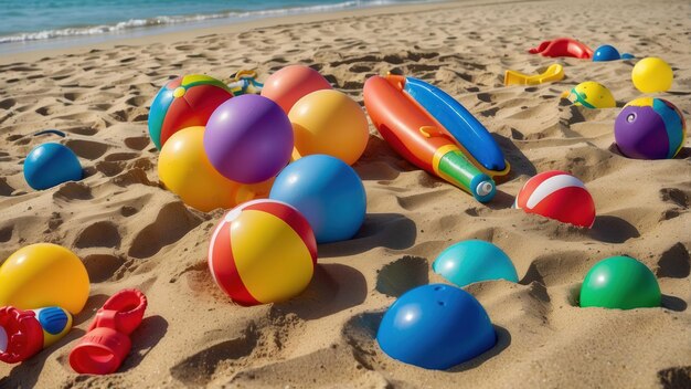 Des balles de plage colorées éparpillées sur la plage de sable