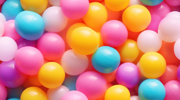 Des balles en plastique colorées dans la piscine de la salle de jeu, une piscine sèche pour s'amuser et sauter dans des balles en plastic colorées, le concept de célébration et de plaisir, un fond sans couture en 3D.