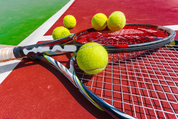 Balles de tennis et raquettes sur le terrain