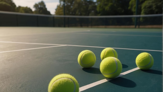 Des balles de tennis sur le terrain près du filet à la lumière du soleil