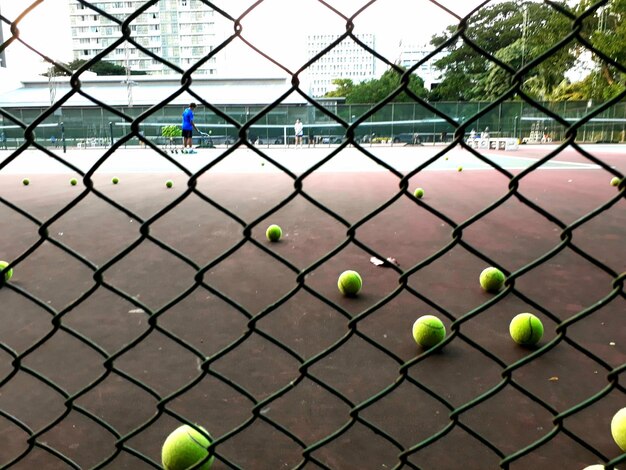 Photo des balles de tennis vues à travers une clôture en chaîne