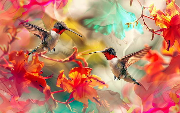 Un ballet aérien de colibris dansant parmi des fleurs riches en nectar