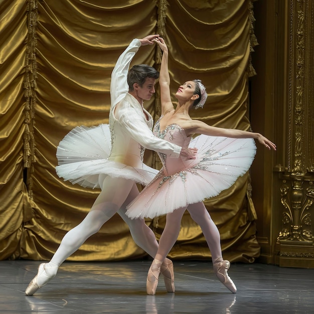 Photo ballet classique interprété par un couple de danseurs de ballet sur la scène de l'opéra