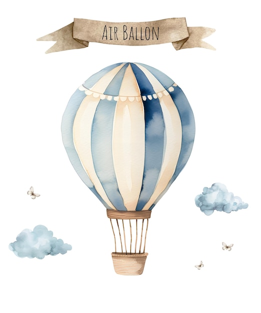 Ballon d'air bleu vintage à l'aquarelle Véhicule de transport rétro ballon d' air de pépinière