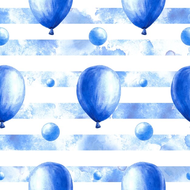 Ballon d'air avec des bulles de pois sur des rayures bleues à l'aquarelle motif sans couture illustration dessinée à la main