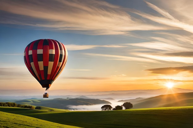 Ballon à air chaud au-dessus d'un champ avec un coucher de soleil en arrière-plan