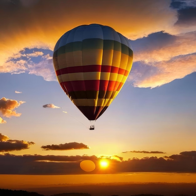 Ballon à air chaud dans le ciel avec de beaux nuages au coucher du soleil en arrière-plan AI générative