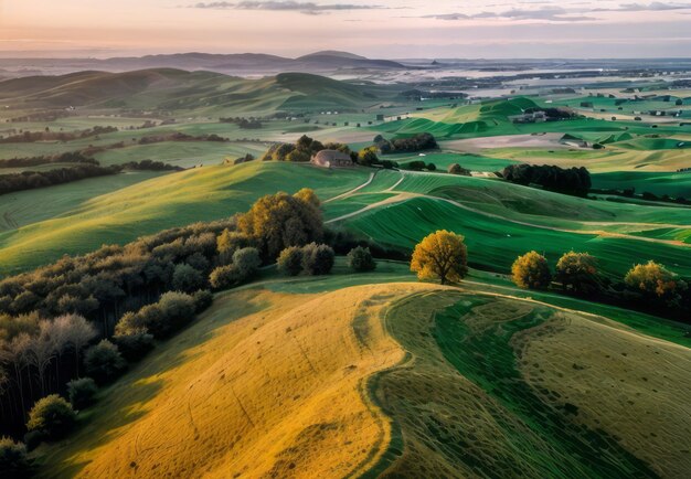 un ballon d'air chaud dérivant au-dessus d'un paysage magnifique pendant la première lumière du papier peint