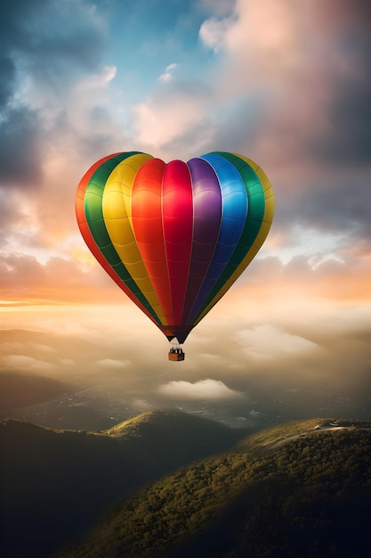 Ballon à air chaud en forme de cœur avec des couleurs de l'arc-en-ciel