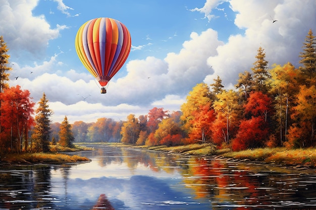 Ballon à air chaud multicolore au-dessus de la rivière et de la forêt d'automne sur le fond d'un ciel bleu avec des nuages