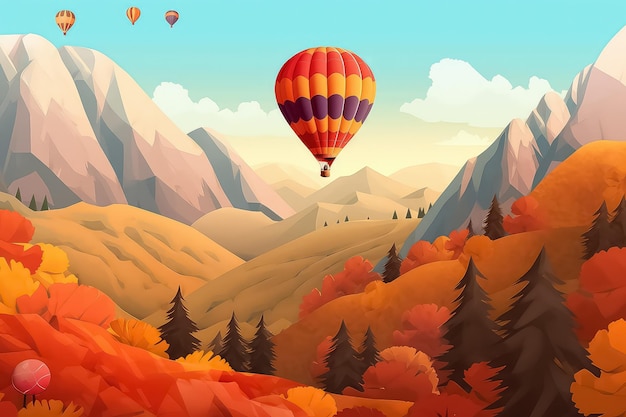 Ballon à air chaud sur le paysage d'automne de montagne