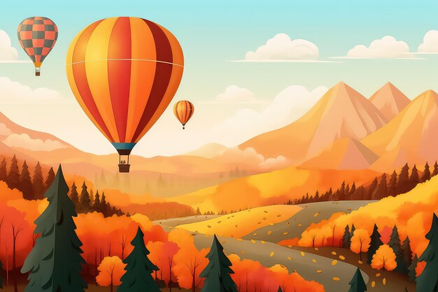 Ballon à air chaud sur le paysage d'automne de montagne
