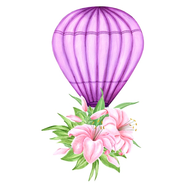 Ballon à air chaud violet aquarelle avec fleurs de lys Illustration peinte à la main sur fond blanc Pour la conception imprime le tissu ou l'arrière-plan