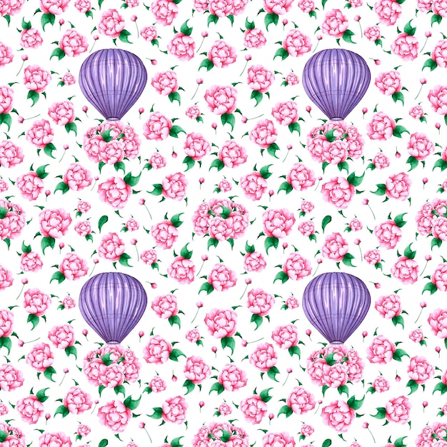 Ballon à air chaud violet aquarelle avec motif sans couture de fleurs de pivoine Illustration peinte à la main sur fond blanc Pour la conception imprime le tissu ou l'arrière-plan