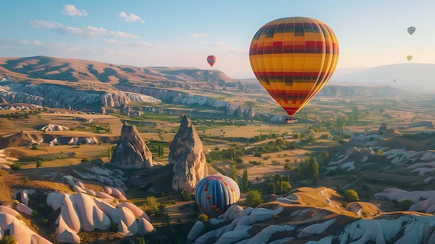 Photo un ballon à air chaud volant au-dessus d'une montagne avec des montagnes en arrière-plan