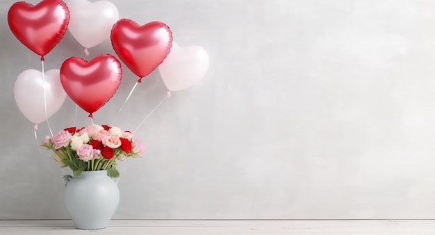 Ballon d'amour et décoration de vase à fleurs avec fond bokeh et espace de copie