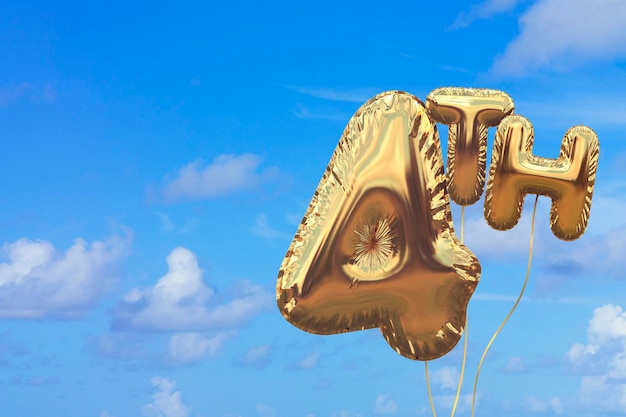 Ballon d'anniversaire en feuille d'or numéro 4 contre un ciel d'été bleu vif Célébration de la fête d'or Rendu 3D