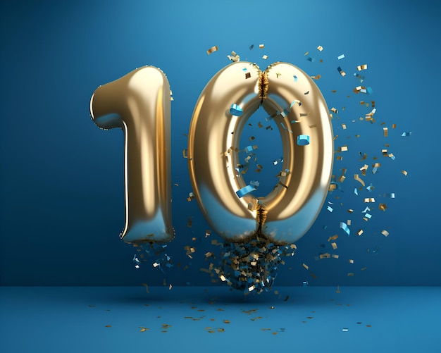 Ballon d'anniversaire numéro 10 avec des confettis dorés Rendering 3D