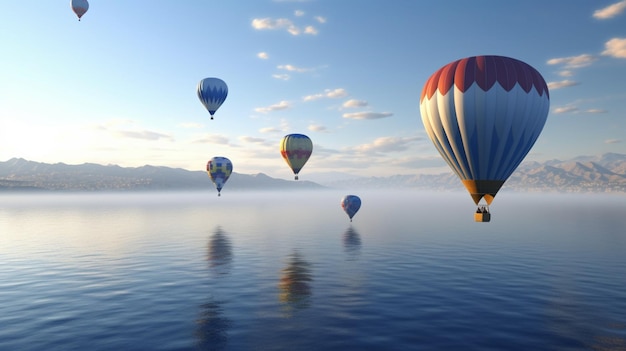 Ballon au-dessus des ballons à air chaud bleu contre ciel bleu clair de l'océan