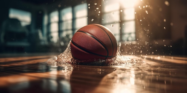 Ballon de basket-ball AI génératif sur le terrain avec éclaboussures d'eau et photo en gros plan du soleil