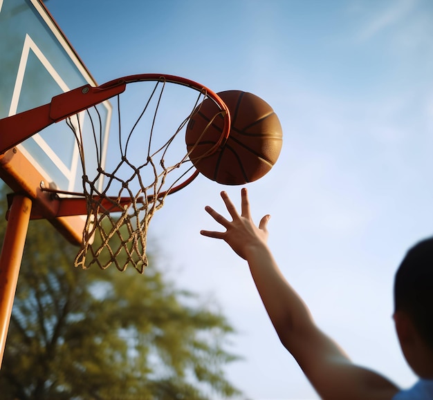 Ballon de basket-ball de rue tombant dans le cerceau