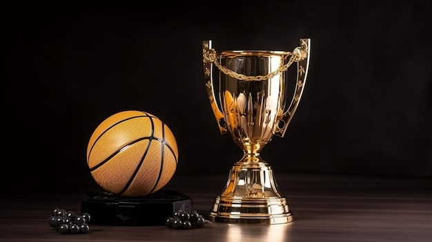 Un ballon de basket doré se trouve à côté d'un trophée qui dit basket-ball dessus.