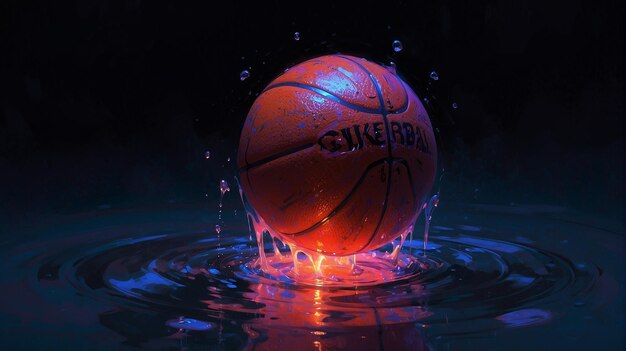 un ballon de basket est éclaboussé d'eau et le mot basket est au fond