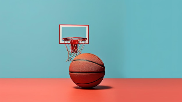 Un ballon de basket est sur une surface rouge et le ballon est au-dessus du filet.