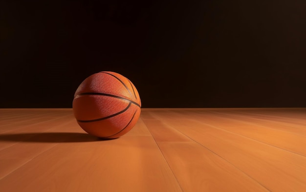 Un ballon de basket sur un plancher en bois avec un fond noir.