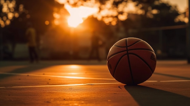 Un ballon de basket sur un terrain au coucher du soleil