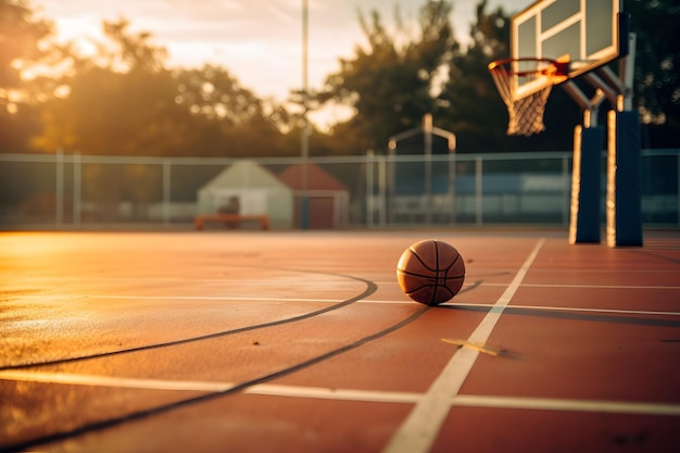 Un ballon de basket sur un terrain avec un ballon de basket au sol.