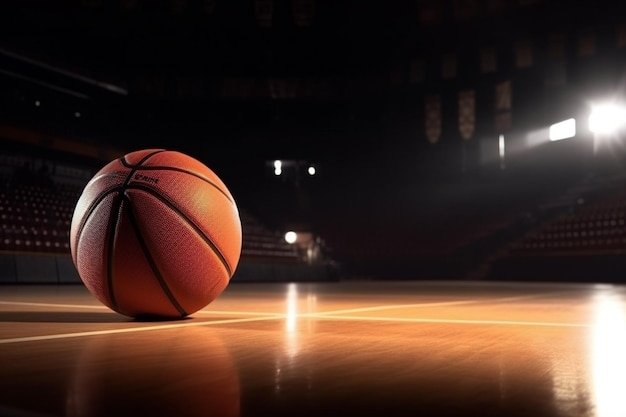 Un ballon de basket sur le terrain avec les lumières allumées.