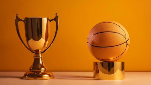 Un ballon de basket et un trophée sont sur une table sur un mur orange