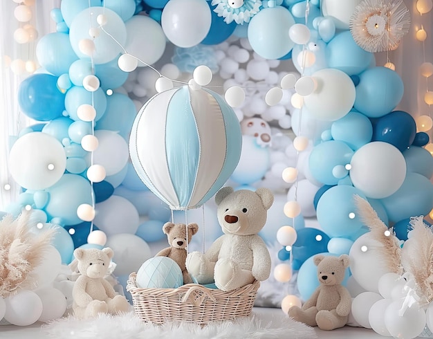 un ballon bleu et blanc et deux ours en pellet dans un panier avec des ballons et un ours en peluche