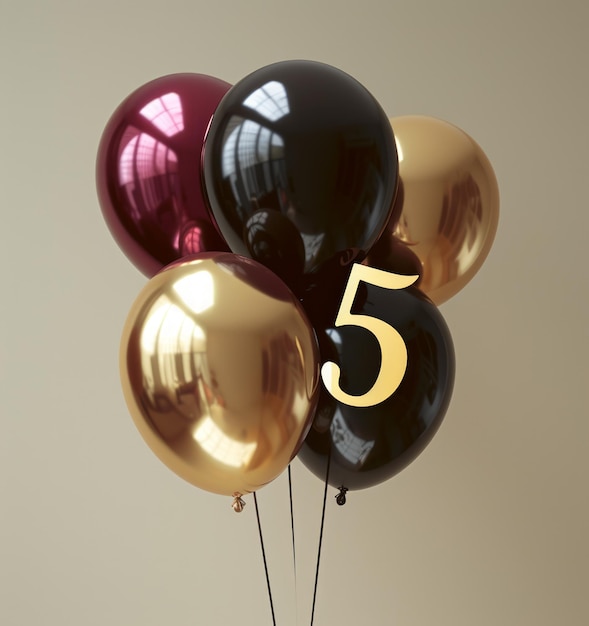 Ballon de célébration numéro 5 entouré d'élégants ballons crème et bordeaux pour anniversaire ou anniversaire