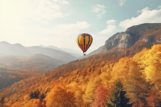 Ballon chaud au-dessus de la forêt d'automne à la lumière du soleil