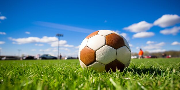 Ballon classique du jour du match de football sur un terrain vert frais