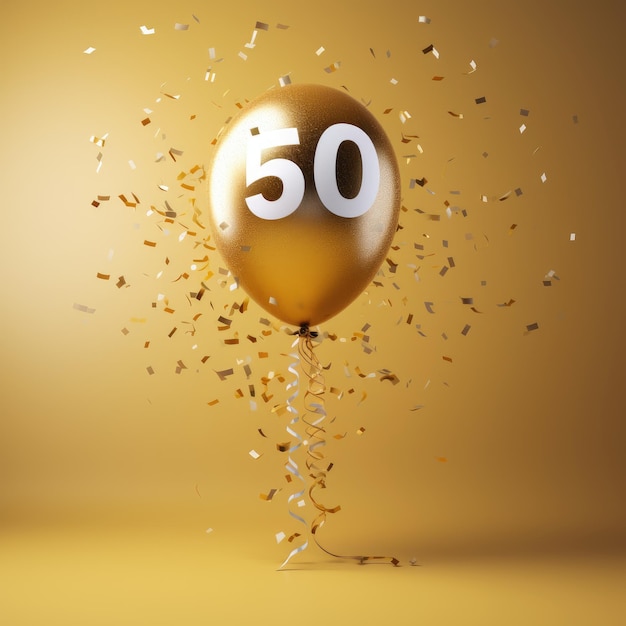 un ballon avec des confettis et un numéro 50 en arrière-plan.