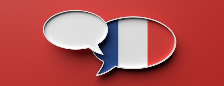 Ballon de conversation drapeau France et bulle vide sur bannière rouge illustration 3d