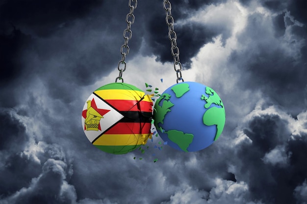 Ballon drapeau zimbabwéen s'écrasant sur l'impact global de la planète terre et le concept de catastrophe rendu d