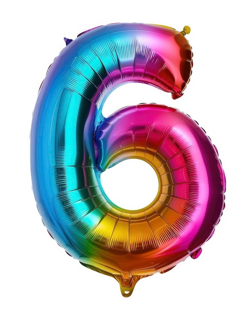 Ballon de feuille d'anniversaire coloré, lumineux et vibrant en forme sur le numéro 6 isolé sur blanc