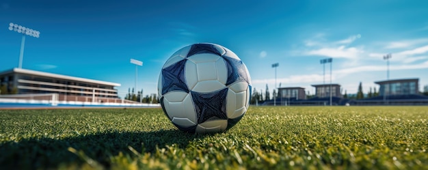 Ballon sur fond de stade de football terrain vert AI générative