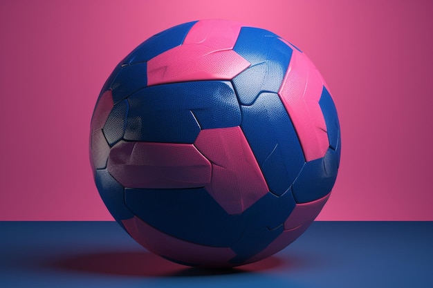 Un ballon de foot bleu et rose avec le mot « soccer » dessus.