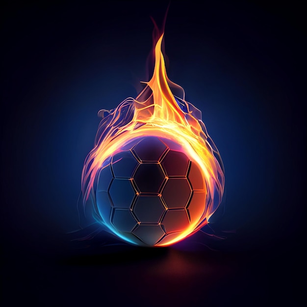 Un ballon de foot avec une flamme bleue et orange dessus